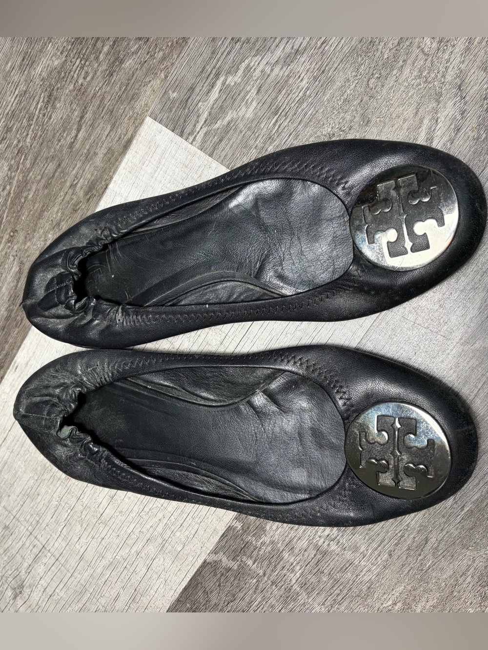 Tory Burch Black Leather Logo Ballet Flats